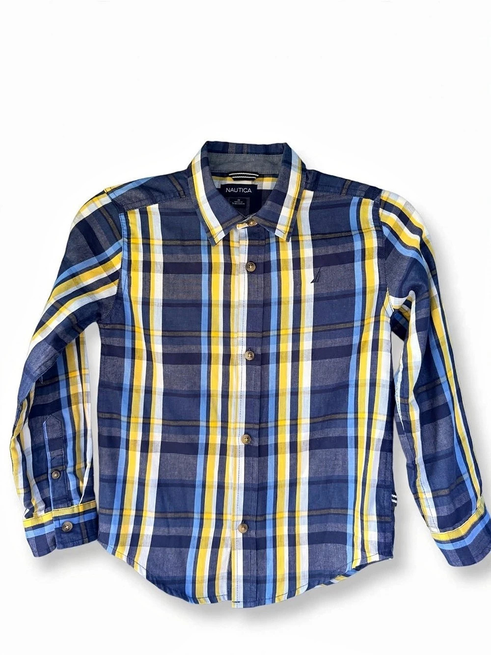Nautica Boys Plaid Button Down Shirt Long Sleeve Size 6 Yellow Navy.